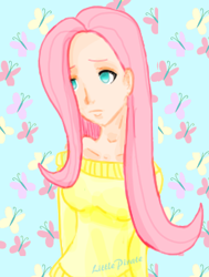 Size: 300x396 | Tagged: safe, artist:little pirate, fluttershy, butterfly, human, g4, clothes, humanized, solo, sweater