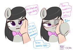 Size: 1992x1356 | Tagged: safe, artist:mar0x8, edit, octavia melody, earth pony, human, pony, g4, behaving like a cat, blushing, bronybait, bust, cute, dialogue, human on pony petting, offscreen character, offscreen human, petting, simple background, smiling, tavibetes, text, white background