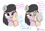 Size: 1992x1356 | Tagged: safe, artist:mar0x8, edit, octavia melody, earth pony, human, pony, g4, behaving like a cat, blushing, bronybait, bust, cute, dialogue, human on pony petting, offscreen character, offscreen human, petting, simple background, smiling, tavibetes, text, white background