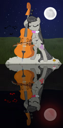 Size: 913x1855 | Tagged: safe, artist:muffinsforever, octavia melody, earth pony, pony, g4, 2011, bipedal, bow (instrument), bowtie, cello, cupcake, eyes closed, female, food, mare, moon, muffin, music notes, musical instrument, night, old art, onomatopoeia, outdoors, reflection, solo, sound effects