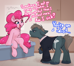 Size: 3176x2864 | Tagged: safe, artist:witchtaunter, pinkie pie, earth pony, pony, g4, angry, belly, caduceus, chest fluff, concave belly, crossover, doctor's office, duo, duo male and female, featureless crotch, female, gregory house, happy, house m.d., human shoulders, idiot, implied stuffing, indoors, male, mare, open mouth, open smile, ponified, ribcage, sitting, smiling, stallion, text, unshorn fetlocks