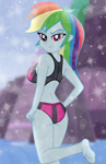 Size: 4926x7600 | Tagged: safe, artist:emeraldblast63, rainbow dash, human, equestria girls, g4, ass, barefoot, breasts, busty rainbow dash, butt, clothes, commission, feet, lens flare, looking at you, looking back, looking back at you, nail polish, rainbutt dash, raised foot, solo, stupid sexy rainbow dash, swimsuit, toenail polish