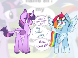 Size: 1991x1500 | Tagged: safe, artist:nawnii, rainbow dash, twilight sparkle, alicorn, pegasus, pony, g4, alternate design, deez nuts, duo, dusk shine, goggles, leonine tail, rainbow blitz, redesign, rule 63, smiling, spread wings, tail, text, twilight sparkle (alicorn), unshorn fetlocks, wings