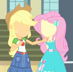 Size: 1150x1137 | Tagged: safe, edit, edited screencap, screencap, applejack, fluttershy, human, equestria girls, fluttershy's butterflies, fluttershy's butterflies: applejack, g4, my little pony equestria girls: better together, my little pony equestria girls: choose your own ending, duo, duo female, female, hand on shoulder, no eyes, no face, no mouth, no nose, touching