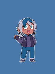 Size: 1200x1600 | Tagged: safe, artist:tinypurplebrush, oc, oc only, oc:elizabat stormfeather, human, blue background, chibi, clothes, commission, converse, cute, denim, fangs, female, fingerless gloves, four fingers, gloves, humanized, jacket, jeans, open mouth, pants, shoes, simple background, solo, winged humanization, wings