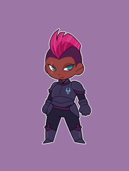 Size: 1200x1600 | Tagged: safe, artist:tinypurplebrush, tempest shadow, human, g4, armor, belt, boots, chibi, clothes, commission, cute, dark skin, eye scar, facial scar, female, four fingers, gloves, humanized, pants, purple background, scar, shoes, simple background, solo