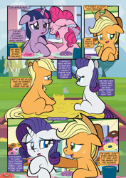 Size: 1920x2715 | Tagged: safe, artist:alexdti, applejack, pinkie pie, rarity, twilight sparkle, alicorn, earth pony, pony, unicorn, comic:how we met, g4, applejack's hat, comic, cowboy hat, crying, cup, donut, female, filly, filly applejack, filly rarity, flashback, foal, food, hat, horn, indoors, open mouth, open smile, outdoors, sand, sandbox, smiling, speech bubble, tears of joy, twilight sparkle (alicorn), younger