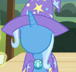 Size: 1128x1080 | Tagged: safe, artist:umsx, edit, edited screencap, editor:umsx, screencap, trixie, pony, unicorn, g4, my little pony: friendship is magic, uncommon bond, cape, clothes, cropped, hat, horn, meme, no face, outdoors, solo, trixie's cape, trixie's hat