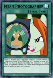 Size: 813x1185 | Tagged: safe, artist:badumsquish, derpibooru exclusive, crackle cosette, queen chrysalis, mermaid, monster girl, pony, unicorn, g4, my little pony: friendship is magic, the mean 6, :o, bikini, bow, camera, card, card game, ccg, clam, clothes, confused, disguise, disguised changeling, evil smile, fangs, female, forced perspective, horn, long hair, looking at you, mare, open mouth, red archery girl, reflection, show accurate, smiling, spell card, swimsuit, trading card, yu-gi-oh!, yugioh card