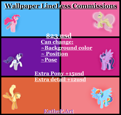 Size: 2500x2360 | Tagged: safe, artist:kathepart, applejack, fluttershy, pinkie pie, rainbow dash, rarity, twilight sparkle, alicorn, g4, advertisement, commission example, commission info, commission open, female, mane six, mare, text, twilight sparkle (alicorn), wallpaper