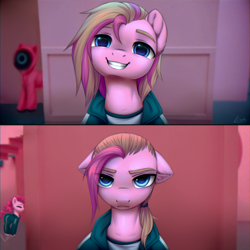 Size: 3200x3200 | Tagged: safe, artist:lina, artist:megabait, oc, oc:svidetell, alternate hairstyle, canon x oc, clothes, eyes closed, jacket, looking at you, mask, meme, multicolored hair, pink guard (squid game), ponified meme, ponytail, serious, serious face, shipping, shirt, smiling, smiling at you, solo focus, squid game, squid game 2, squid game id photo comparison meme, tracksuit, uniform