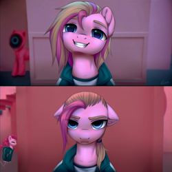 Size: 3200x3200 | Tagged: safe, alternate version, artist:lina, artist:megabait, oc, oc:svidetell, alternate hairstyle, canon x oc, clothes, eyes closed, jacket, looking at you, mask, meme, multicolored hair, pink guard (squid game), ponified meme, ponytail, serious, serious face, shipping, shirt, smiling, smiling at you, solo focus, squid game, squid game 2, squid game id photo comparison meme, tracksuit, uniform