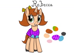 Size: 1280x965 | Tagged: safe, artist:marthasatriyo, oc, oc only, oc:rebecca, pony, unicorn, g4, blushing, bow, clothes, cute, dress, female, grin, hair bow, horn, mare, ocbetes, shirt, shoes, simple background, skirt, smiling, solo, white background