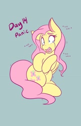 Size: 1325x2048 | Tagged: safe, artist:mscolorsplash, fluttershy, pegasus, pony, g4, crying, female, green background, mare, open mouth, panicking, panting, pinpoint eyes, simple background, sitting, solo