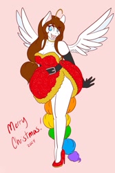 Size: 1365x2048 | Tagged: safe, artist:mscolorsplash, oc, oc only, oc:color splash, pegasus, anthro, plantigrade anthro, big breasts, breasts, busty oc, christmas, christmas 2024, cleavage, clothes, dress, evening gloves, female, gloves, high heels, holiday, long gloves, mare, merry christmas, no pupils, open mouth, open smile, pink background, rainbow tail, shoes, simple background, smiling, solo, spread wings, tail, wings