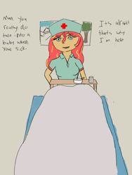 Size: 3024x4032 | Tagged: safe, artist:just_a_nerd, sunset shimmer, equestria girls, g4, colored, dialogue, nurse outfit, offscreen character, pov, talking to viewer