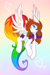 Size: 1365x2048 | Tagged: safe, artist:mscolorsplash, oc, oc only, oc:color splash, pegasus, pony, bow, colored pupils, eye clipping through hair, female, flying, gradient background, hair bow, heart, mare, pigtails, rainbow background, rainbow tail, smiling, solo, spread wings, tail, wings