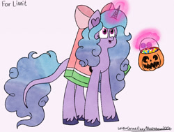 Size: 1280x967 | Tagged: safe, artist:izzymoonbow2006, izzy moonbow, pony, unicorn, g5, bucket, candy, clothes, costume, female, food, gift art, glowing, glowing horn, halloween, halloween costume, holiday, horn, levitation, magic, magic aura, mare, pumpkin bucket, signature, simple background, solo, telekinesis, trick or treat, unshorn fetlocks, watermelon, white background