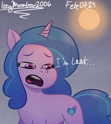 Size: 1745x1945 | Tagged: safe, artist:izzymoonbow2006, izzy moonbow, pony, unicorn, g5, my little pony: tell your tale, 2024, dialogue, female, frown, horn, mare, open frown, open mouth, outdoors, sad, solo, tail