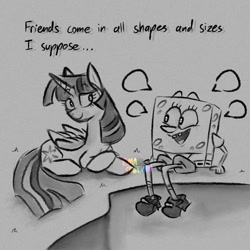 Size: 894x894 | Tagged: safe, artist:ema0rsully, twilight sparkle, alicorn, pony, sea sponge, g4, dialogue, female, grayscale, lying down, male, mare, monochrome, prone, signature, sitting, smiling, spongebob squarepants, spongebob squarepants (character), twilight sparkle (alicorn)