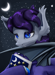 Size: 1872x2520 | Tagged: safe, artist:aquamuro, oc, oc only, oc:word bearer, bat pony, pony, equestria at war mod, bat pony oc, bat wings, blue eyes, book, bust, clothes, commission, digital art, disciples of the night, fangs, general, holding a book, looking at you, male, moon, new characters for equestria at war, new characters for equestria at war mod, night, outdoors, portrait, religious zealot, solo, stars, wings, zealot