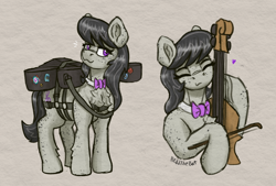 Size: 1764x1192 | Tagged: safe, artist:reddthebat, octavia melody, earth pony, pony, g4, body freckles, bowtie, cello, cello case, chest fluff, dexterous hooves, ear fluff, ear freckles, emanata, eyes closed, female, floating heart, freckles, heart, hoof hold, leg freckles, looking at you, mare, musical instrument, smiling, smiling at you, solo, straps, turned head