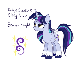 Size: 1480x1280 | Tagged: safe, artist:proficdroid, oc, oc only, oc:starry knight, alicorn, pony, alicorn oc, blaze (coat marking), coat markings, colored wings, cutie mark, facial markings, gradient wings, horn, lidded eyes, offspring, parent:shining armor, parent:twilight sparkle, parents:shining sparkle, product of incest, simple background, socks (coat markings), solo, unshorn fetlocks, white background, wings