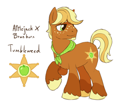 Size: 1480x1280 | Tagged: safe, artist:proficdroid, oc, oc only, oc:tumbleweed, earth pony, pony, accessory, beard, coat markings, facial hair, freckles, goatee, neckerchief, offspring, parent:applejack, parent:braeburn, parents:braejack, product of incest, simple background, socks (coat markings), solo, unshorn fetlocks, white background