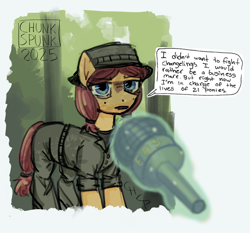 Size: 1900x1769 | Tagged: safe, artist:chunk_spunk, oc, earth pony, clothes, colored, simple background, solo, speech bubble