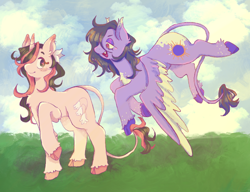 Size: 1302x1000 | Tagged: safe, artist:wormybait, oc, oc only, classical unicorn, pegasus, pony, unicorn, cloven hooves, colored wings, duo, female, flying, hair over one eye, horn, leonine tail, looking at each other, looking at someone, mare, pegasus oc, two toned wings, unicorn oc, unshorn fetlocks, wings