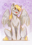 Size: 1610x2288 | Tagged: safe, artist:july-chams, derpy hooves, pegasus, pony, g4, :p, colored pencil drawing, female, mare, partially open wings, sitting, solo, tongue out, traditional art, wings