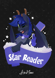 Size: 1688x2388 | Tagged: safe, artist:alrumoon_art, oc, oc only, oc:star reader, deer, pegasus, pony, antlers, bell, bell collar, book, candy, candy cane, chest fluff, collar, deerified, food, looking at you, one eye closed, solo, species swap, wings, wink, winking at you