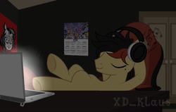 Size: 1280x815 | Tagged: safe, artist:xd.klaus, pegasus, pony, background, computer, headphones, laptop computer, male, poster, stallion, stallion oc