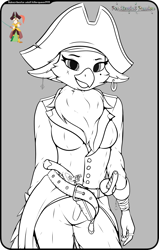 Size: 1992x3124 | Tagged: safe, artist:killerqueen1911, captain celaeno, bird, parrot, anthro, g4, my little pony: the movie, breasts, chest fluff, clothes, cutlass, ear piercing, earring, female, flintlock, hat, jewelry, lineart, piercing, pirate, pirate hat, solo, sword, weapon, wip