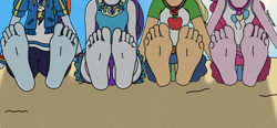 Size: 2045x949 | Tagged: safe, artist:fabianginger, applejack, pinkie pie, rainbow dash, rarity, human, equestria girls, g4, feet, female, fetish, foot fetish, soles