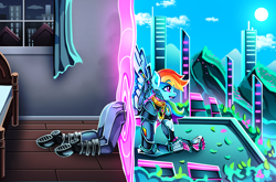 Size: 4015x2656 | Tagged: safe, artist:nebularobo, rainbow dash, human, pegasus, anthro, g4, all fours, clothes, collar, cyberpunk, happy, high res, human to anthro, indoors, open mouth, open smile, outdoors, portal, smiling, solo, transformation, wings