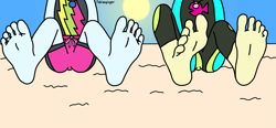 Size: 2045x949 | Tagged: safe, artist:fabianginger, fluttershy, rainbow dash, human, equestria girls, g4, beach, clothes, duo, duo female, feet, female, fetish, foot fetish, sand, soles, sun, swimsuit