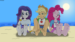 Size: 4081x2295 | Tagged: safe, artist:fabianginger, applejack, pinkie pie, rarity, human, equestria girls, g4, applejack's hat, beach, cowboy hat, feet, female, fetish, foot fetish, hat, sand, soles, sun, trio, trio female