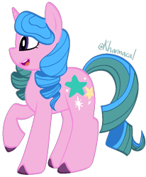 Size: 600x727 | Tagged: safe, artist:kharmacal, starbeam twinkle, pony, unicorn, g4, colored lineart, eyeshadow, headcanon in the description, horn, makeup, not an oc, ojou ringlets, raised hoof, sidemouth, simple background, smiling, solo, toy interpretation, transparent background, two toned hair, unshorn fetlocks