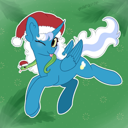 Size: 1500x1500 | Tagged: safe, artist:maravor, oc, oc only, oc:fleurbelle, alicorn, pony, snake, ;p, alicorn oc, christmas, female, hat, holiday, horn, mare, one eye closed, santa hat, solo, tongue out, wings, wink