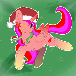 Size: 1500x1500 | Tagged: safe, artist:maravor, oc, oc only, oc:redstar firelight, alicorn, pony, snake, ;p, alicorn oc, christmas, female, hat, holiday, horn, mare, one eye closed, santa hat, solo, tongue out, wings, wink