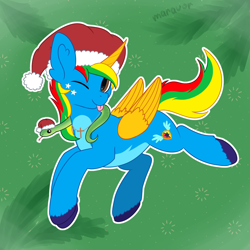 Size: 1500x1500 | Tagged: safe, artist:maravor, oc, oc only, oc:shield wing, alicorn, pony, snake, ;p, alicorn oc, christmas, colored wings, hat, holiday, horn, male, one eye closed, santa hat, solo, stallion, tongue out, wings, wink