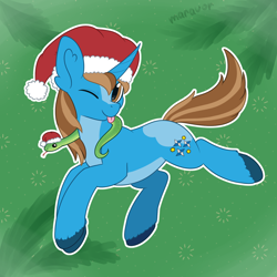 Size: 1500x1500 | Tagged: safe, artist:maravor, oc, oc only, oc:sharp stars, pony, snake, unicorn, ;p, christmas, hat, holiday, horn, male, one eye closed, santa hat, solo, stallion, tongue out, wink