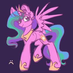 Size: 2048x2048 | Tagged: safe, artist:cupute, princess celestia, alicorn, pony, g4, big ears, clothes, colored, colored background, concave belly, crown, digital art, doodle, ears up, female, flowing mane, flowing tail, green eyes, horn, jewelry, long horn, multicolored hair, multicolored mane, multicolored tail, pink, pink body, pinklestia, purple background, regal, regalia, shoes, simple background, sketch, slender, smiling, smiling at someone, solo, spread wings, standing, tail, thin, trotting, trotting in place, wings