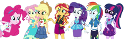 Size: 4430x1400 | Tagged: safe, edit, edited screencap, editor:mrtoonlover83, screencap, applejack, fluttershy, pinkie pie, rainbow dash, rarity, sci-twi, sunset shimmer, twilight sparkle, human, a fine line, equestria girls, g4, my little pony equestria girls: better together, background removed, female, humane five, humane seven, humane six, not a vector, simple background, transparent background