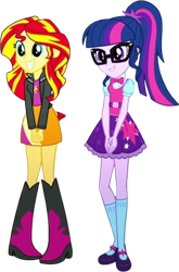 Size: 1661x2520 | Tagged: safe, edit, edited screencap, editor:mrtoonlover83, screencap, sci-twi, sunset shimmer, twilight sparkle, equestria girls, g4, background removed, duo, duo female, female, not a vector, sci-twi outfits