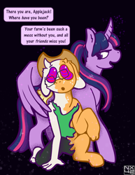 Size: 2975x3850 | Tagged: safe, artist:boundbrush, applejack, twilight sparkle, alicorn, earth pony, g4, alternate hairstyle, applejack's hat, black background, cowboy hat, furry, furry to pony, glasses, hat, high res, hypno eyes, mind control, open mouth, ponytail, simple background, speech bubble, transformation, twilight sparkle (alicorn), wing hands, wings