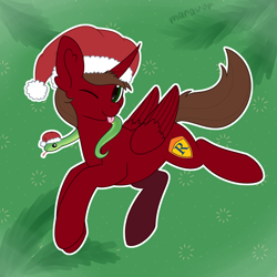 Size: 1500x1500 | Tagged: safe, artist:maravor, oc, oc:rogan, alicorn, pony, snake, ;p, alicorn oc, christmas, hat, holiday, horn, male, one eye closed, santa hat, solo, stallion, tongue out, wings, wink