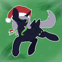 Size: 1500x1500 | Tagged: safe, artist:maravor, oc, oc only, alicorn, pony, snake, ;p, alicorn oc, christmas, female, hat, holiday, horn, mare, one eye closed, santa hat, solo, tongue out, wings, wink