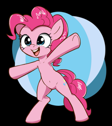 Size: 799x898 | Tagged: safe, artist:wenni, pinkie pie, pony, semi-anthro, g4, abstract background, armpits, belly, belly button, female, happy, mare, open mouth, solo, underhoof